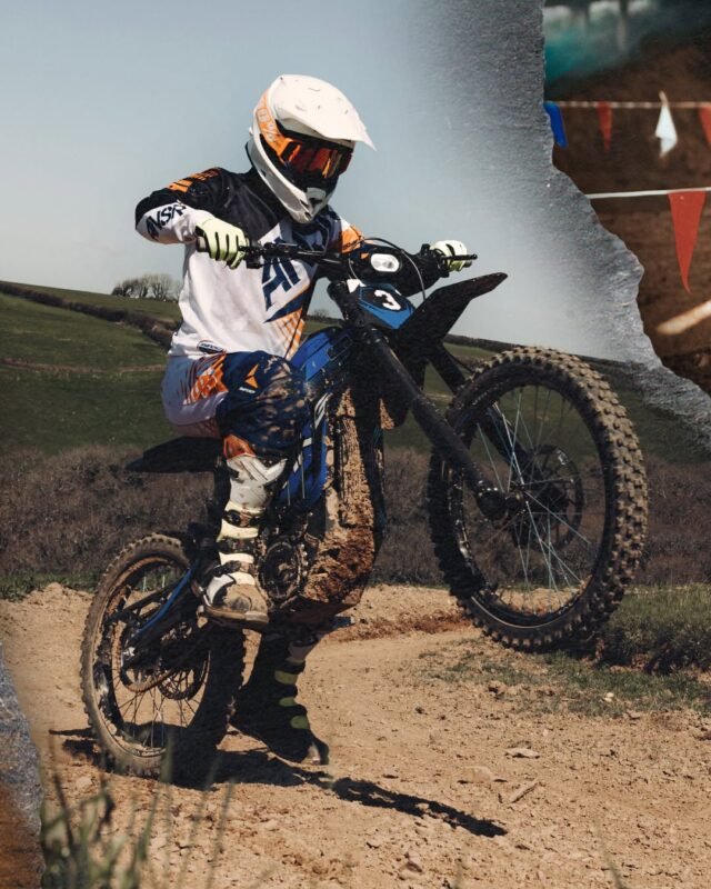 Rider cornering a Talaria electric dirt bike on a dusty trail